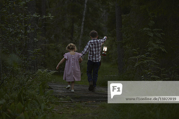 Bruder und Schwester gehen mit Laterne über eine Fußgängerbrücke im Wald.