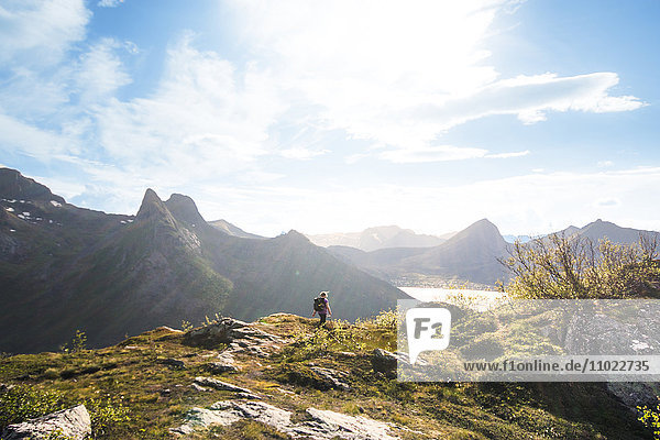 Mid distance of hiker on mountain during summer