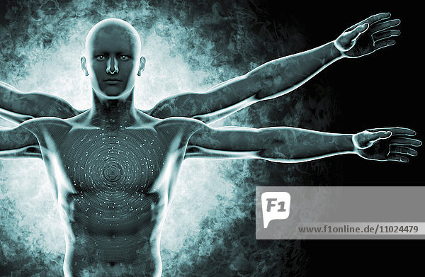 DNA-Kodierung über der Nahaufnahme eines futuristischen vitruvianischen Mannes