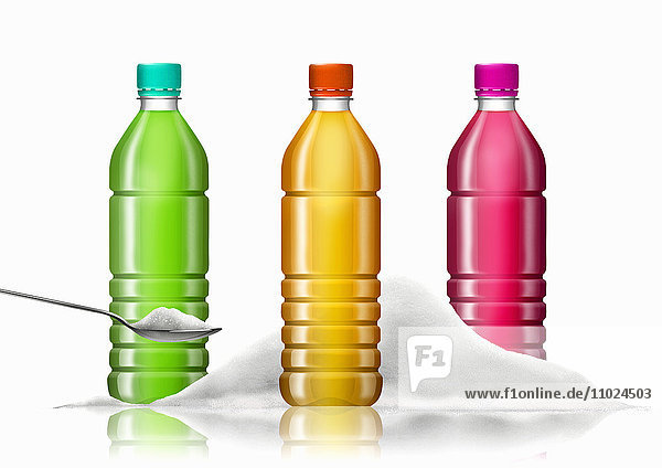 Reihe von Flaschen mit farbenfrohen Erfrischungsgetränken und Zuckerhaufen