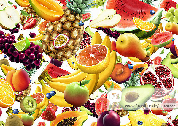 Viele verschiedene frische Früchte fallen herab