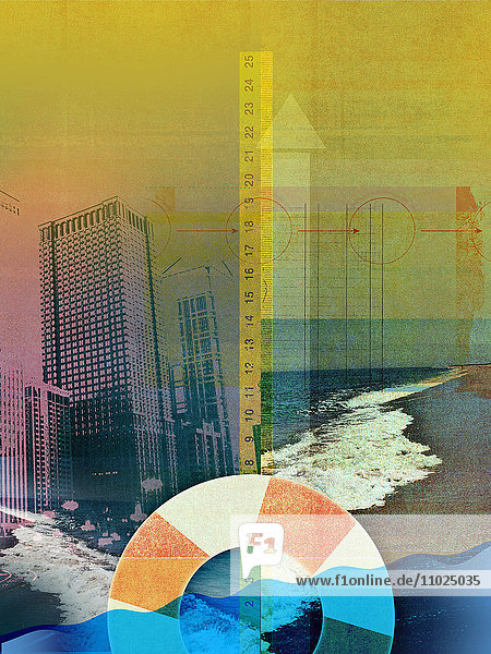 Collage von städtischen Wolkenkratzern  Wirtschaftsbuch und Rettungsring im Meer mit Lineal  das ansteigende Wellen misst