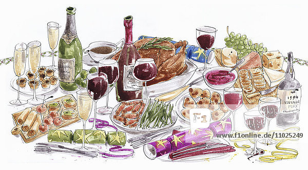 Gedeckter Weihnachtstisch mit Essen und Wein