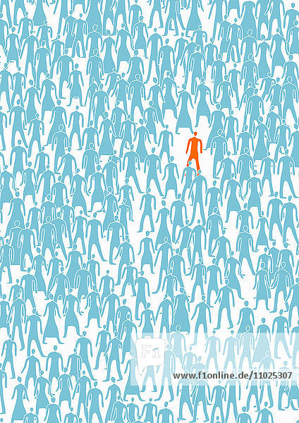 Orange man standing out from crowd of blue people