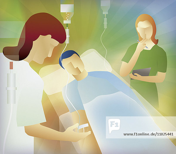 Prüferin beobachtet Krankenschwester bei der Arbeit am Tropf eines Patienten