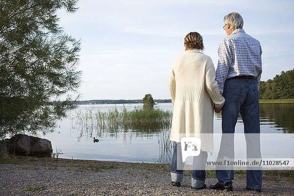 Ein Mann und eine Frau halten sich an einem See die Hand.