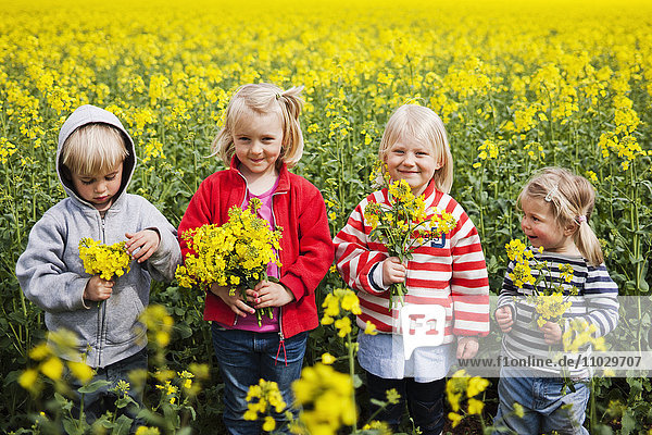 Children holding oilseed rape flowers