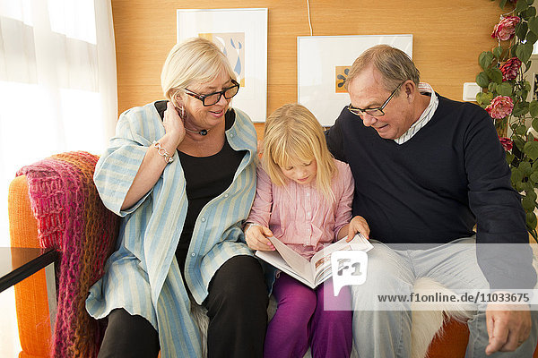 Grandparents reading book with granddaughter