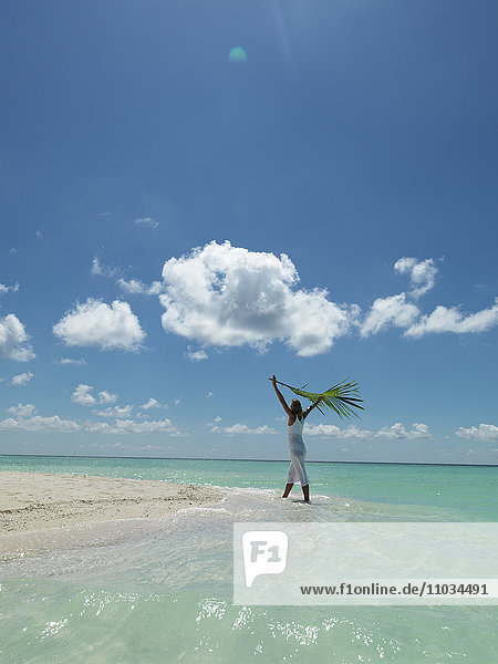 Frau hält Palmwedel am tropischen Strand