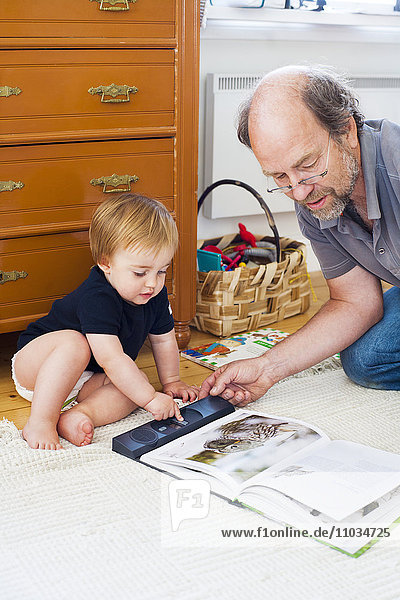 Grandfather with grandson reading book