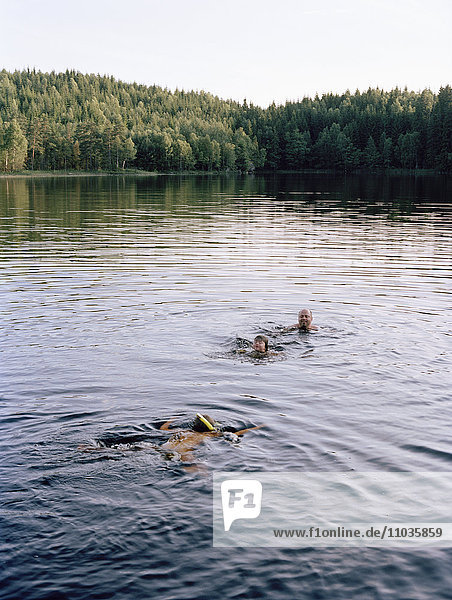 Vater und Kinder schwimmen in einem See  Schweden.