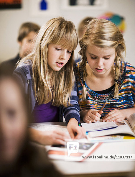 Zwei Mädchen arbeiten zusammen in der Schule  Schweden.