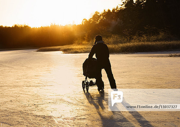 Father skating with a baby carriage  Sweden.