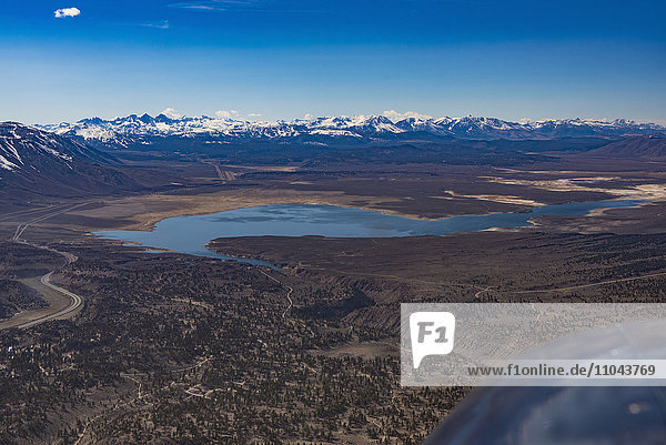 Aerial view of lake and mountains  Bishop  California  United States