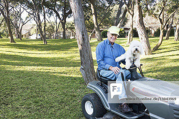 Älterer kaukasischer Mann auf einem Aufsitzrasenmäher mit Haushund