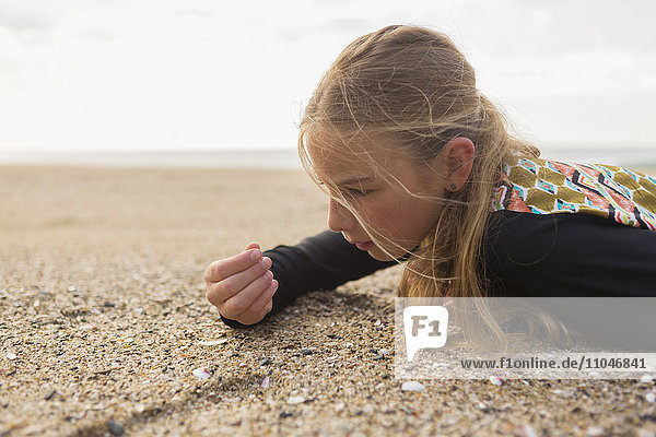 Kaukasisches Mädchen liegt am Strand und untersucht Muscheln