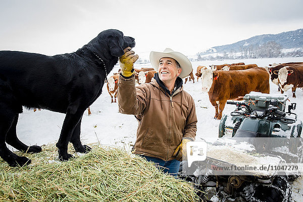 Caucasian farmer petting dog in snowy field