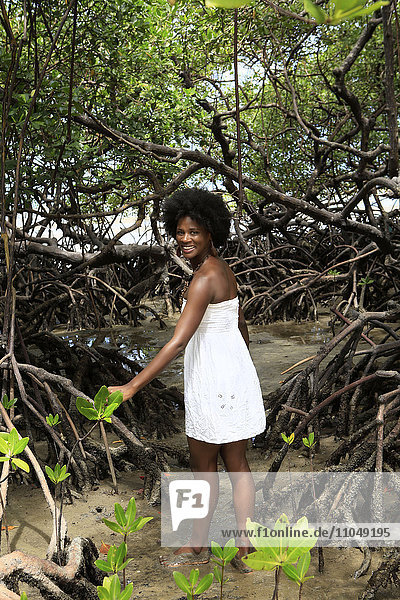 Schwarze Frau lächelnd im Mangroven-Dschungel