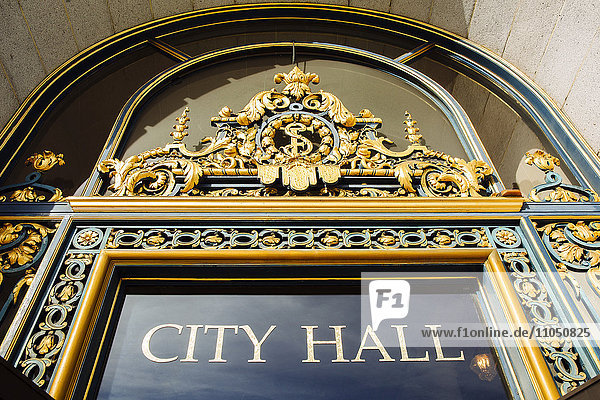 Low angle view of City Hall sign  San Francisco  California  United States