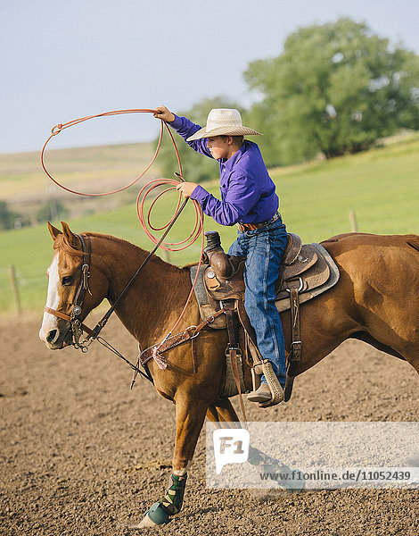Cowboy wirft Lasso auf dem Pferderücken