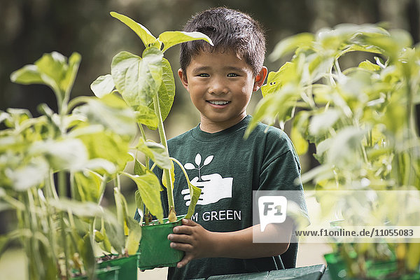 Ein Junge mit Jungpflanzen in einer Gärtnerei.