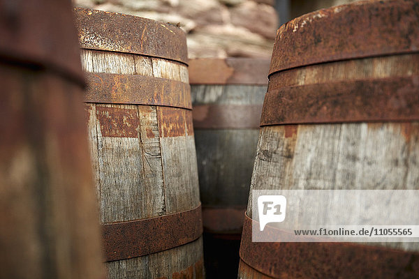Holzfässer in einer Scheune bei einer Apfelweinpresse.