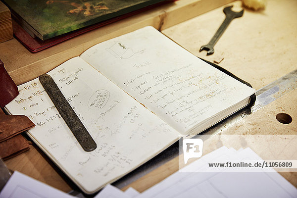 Eine Möbelwerkstatt  die maßgeschneiderte zeitgenössische Möbelstücke unter Verwendung traditioneller Fertigkeiten im modernen Design herstellt. Handgeschriebene Notizen in einem Notizbuch auf einer Werkbank.