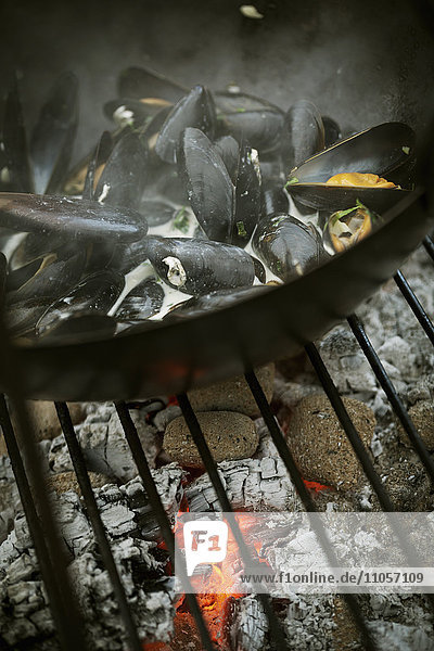 Close up of a pan of Black Mussels over a charcoal barbecue.