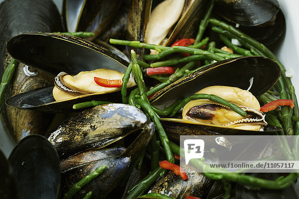 Steamed Black Mussels with samphire.