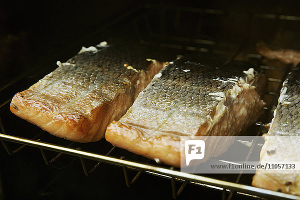 Close up of fish fillets on a rack in a fish smoker.