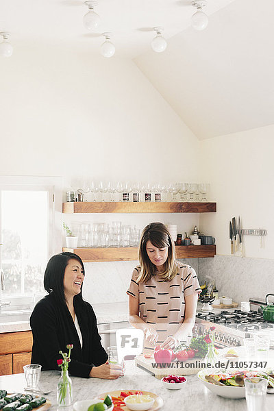 Zwei Frauen in einer Küche  die das Mittagessen vorbereiten und frisches Gemüse hacken.