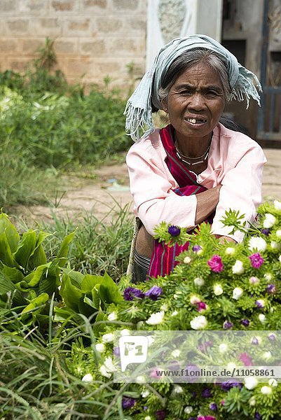 Frau verkauft Blumen  Pao Bergvolk  Markt Kalaw  Shan Staat  Myanmar  Burma  Birma  Asien