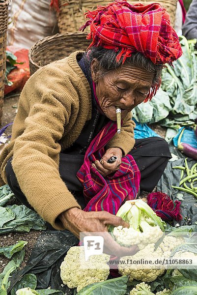 Smoking woman sells vegetables from the Pao hilltribe cauliflower weekly market Kalaw Shan State Myanmar Burma Asia