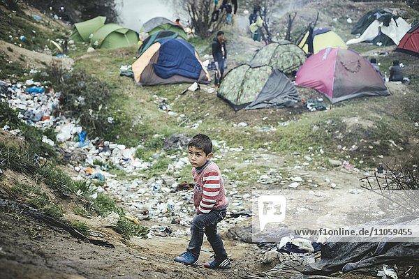 Idomeni refugee camp on Greek Macedonia border  desperate little boy  Idomeni  Central Macedonia  Greece  Europe