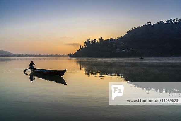 Man paddling a boat across Phewa Lake at sunrise  Pokhara in the distance  fog  Anadu Palpari  Kaski  Nepal  Asia