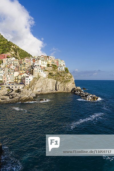 Stadt Manarola  Teil der Cinque Terre  in malerischer Lage auf Hügel an Mittelmeerküste  Riomaggiore  Ligurien  Italien  Europa