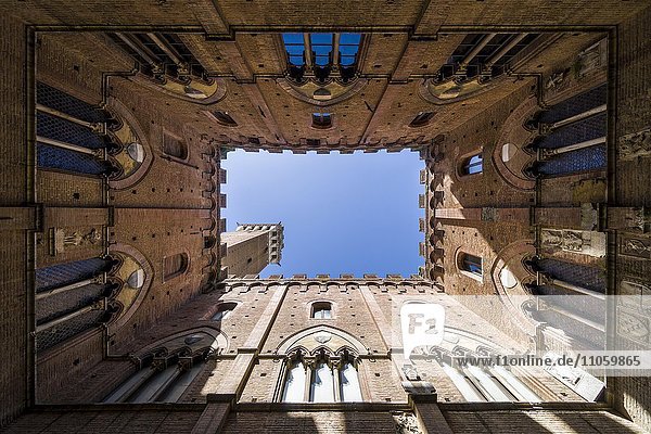 Sicht nach oben im Innenhof des Palazzo Pubblico mit Torre del Mangia  Siena  Toskana  Italien  Europa