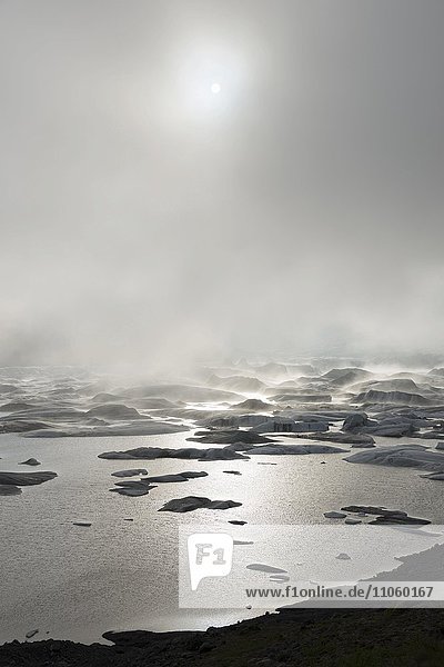 Glacial lake in fog  Hoffellsjökull glacier  Iceland  Europe
