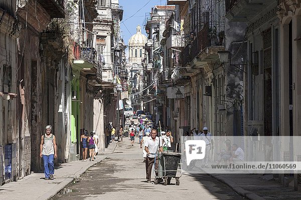 Straßenszene mit typischen Häusern  Altstadt  Havanna  Havanna Vieja  Kuba  Nordamerika