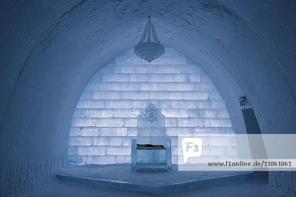 Throne of ice  entrance hall  Icehotel in Jukkasjarvi  Norrbotten County  Sweden  Europe