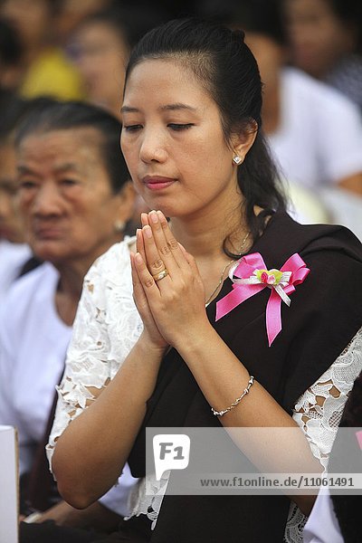 Praying woman at Bigboon pilgrims' procession  day of meditation of the Dhammakaya Foundation  Dawei  Tanintharyi Region  Myanmar  Asia *** IMPORTANT: Image may not be used in a negative context with the Dhammakaya temple ***