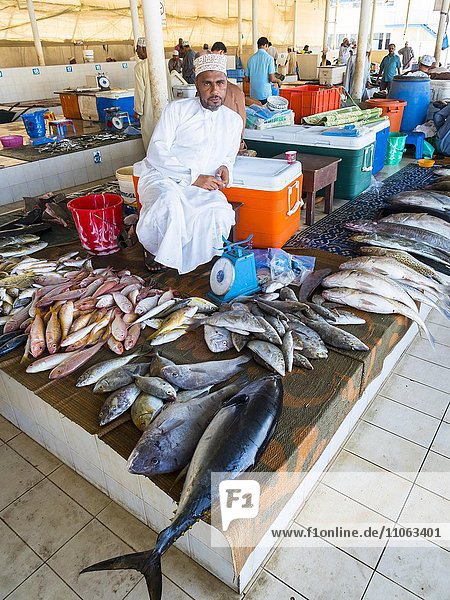 Merchant with various fish  fish market  Muttrah  Muscat  Oman  Asia