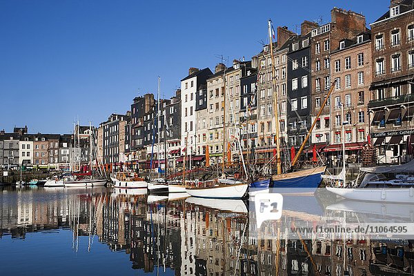 Häuser und Boote am alten Hafen mit Spiegelungen im ruhigen Wasser  Vieux Bassin  Honfleur  Departement Calvados  Normandie  Frankreich  Europa