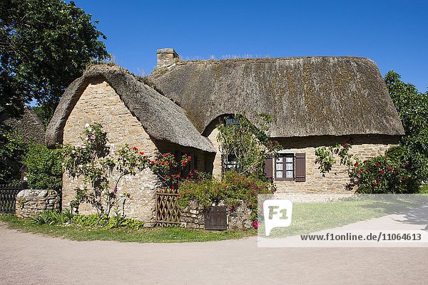 Strohgedecktes Reetdach Haus in Kerhinet  Naturpark Brière oder Grande Brière  Pays de Loire  Frankreich  Europa