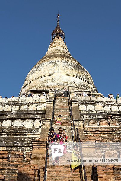 Visitors climb steep steps of Shwesandaw Pagoda  Bagan  Myanmar  Asia