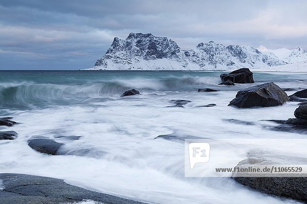 Küste im Winter  Utakleiv  Lofoten  Norwegen  Europa
