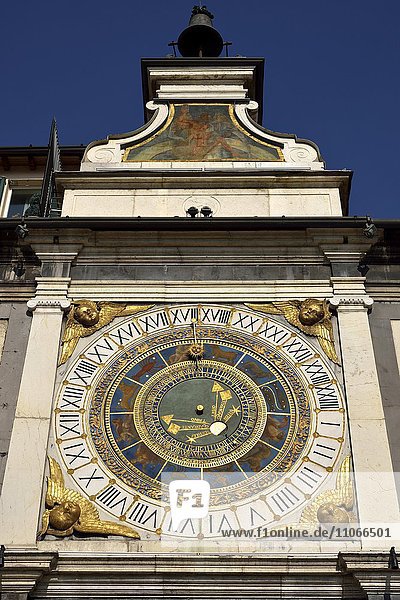 Clock tower with historical astronomical clock  Piazza della Loggia  Province of Brescia  Lombardy  Italy  Europe