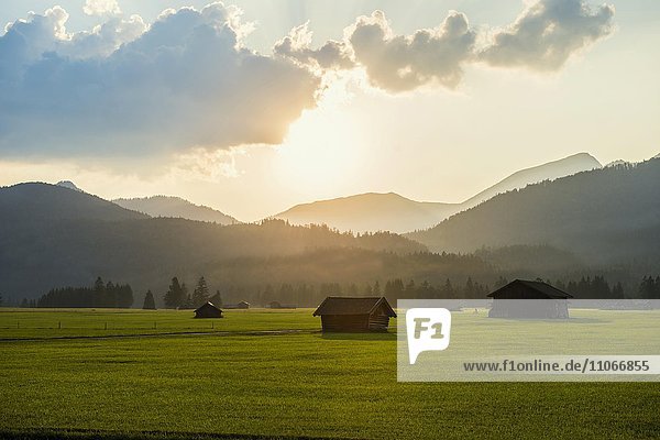 Meadows with hay barn and sunset in Mittenwald  Estergebirge behind  Werdenfelser Land  Upper Bavaria  Bavaria  Germany  Europe