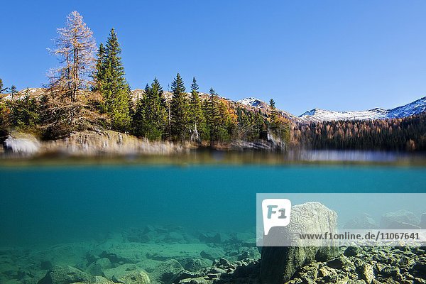 Splittingaufnahme  Obernberger See unter Wasser mit Herbstlandschaft über Wasser  hinten Zillertaler Alpen  Tirol  Österreich  Europa