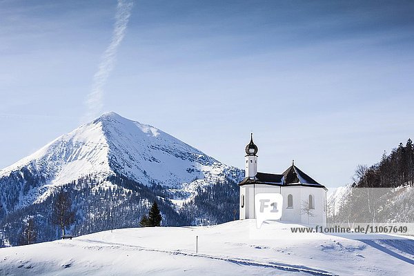Annakircherl  Kapelle im Winter  hinten das Rofangebirge mit Berg Seekarspitze  Achenkirch  Tirol  Österreich  Europa